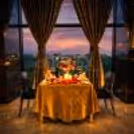 An intimate candlelight dinner by the window at Radisson Blu Paschim Vihar, where romance meets breathtaking sunset views.