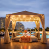 An intimate poolside cabana setup at Hilton Baani Square, designed for an unforgettable romantic evening under soft lights and city views.