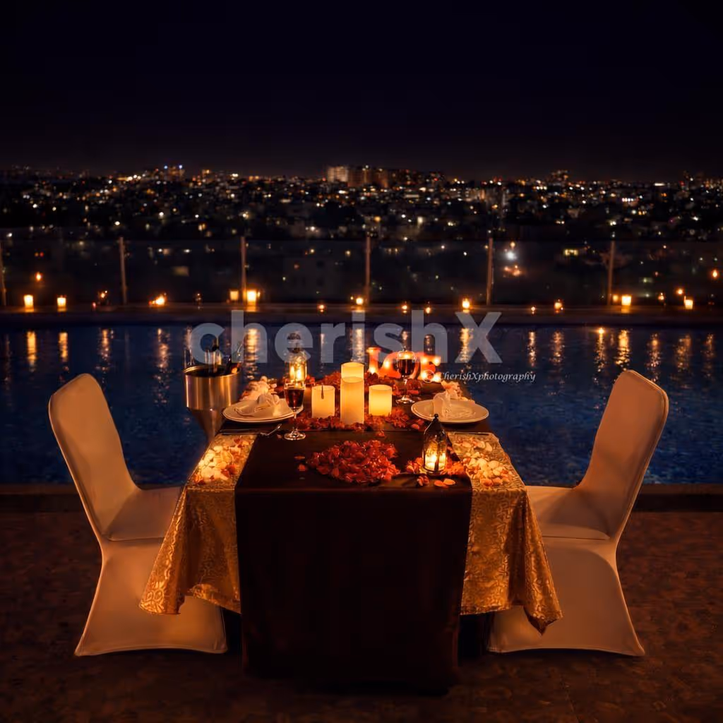 A cozy rooftop poolside dinner at Davanam Sarovar Portico, Koramangala, with stunning Bangalore skyline views.