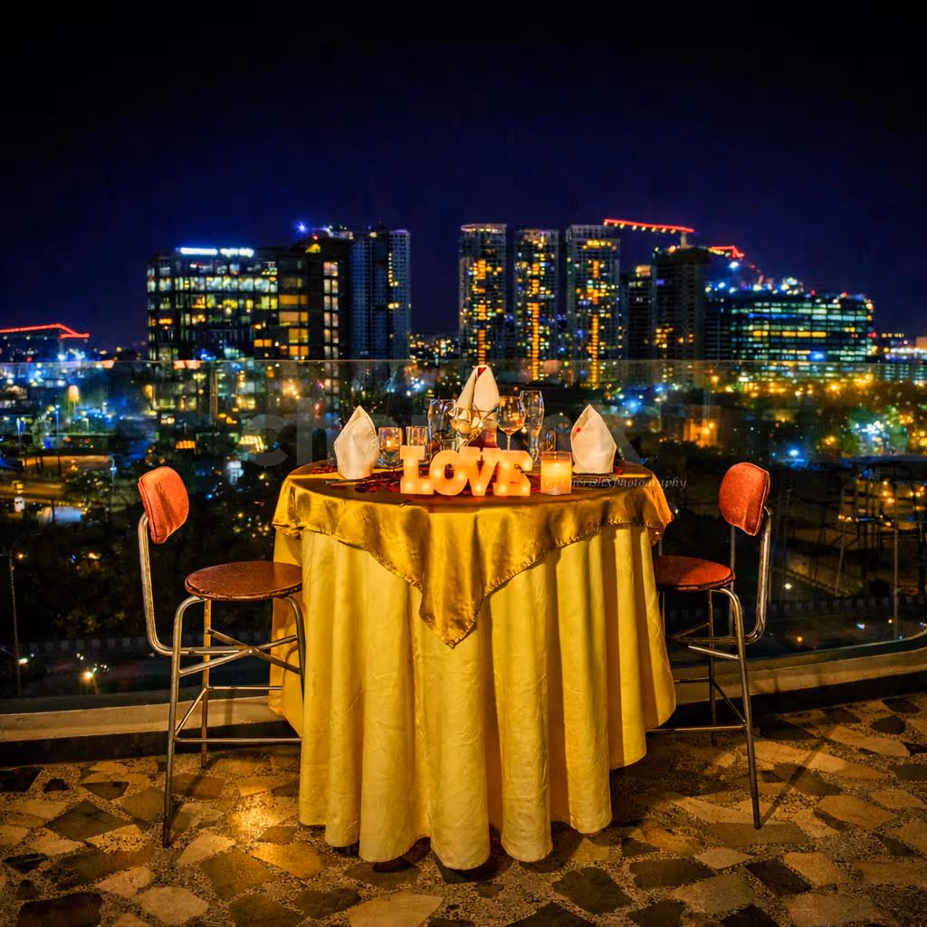 A romantic rooftop candlelight dinner overlooking the sparkling city skyline.