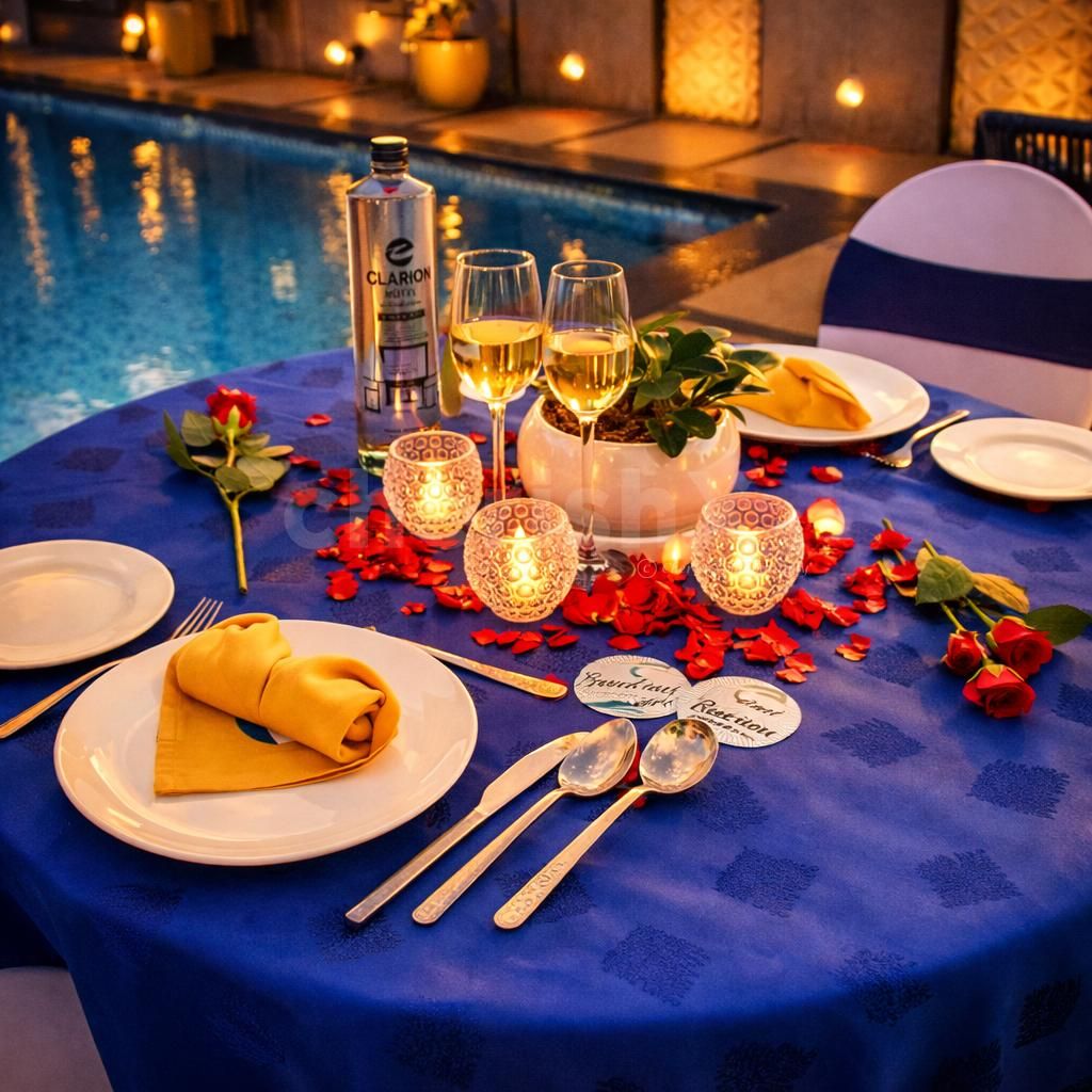 Indulge in an elegant rooftop poolside candlelight dining experience at Clarion Hotel Bangalore with beautiful ambiance and romantic vibes.