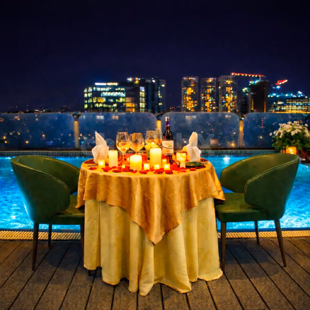 An intimate poolside candlelight dinner under the Bangalore skyline at Country Inn