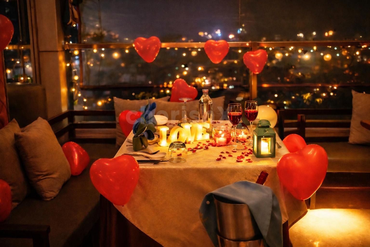 Soft candlelight, rose petals, and elegant décor set the mood for a magical terrace dinner at Royal Orchid.