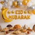 Golden moon and silver foil balloons celebrate the Eid festivity with shimmer and glitter