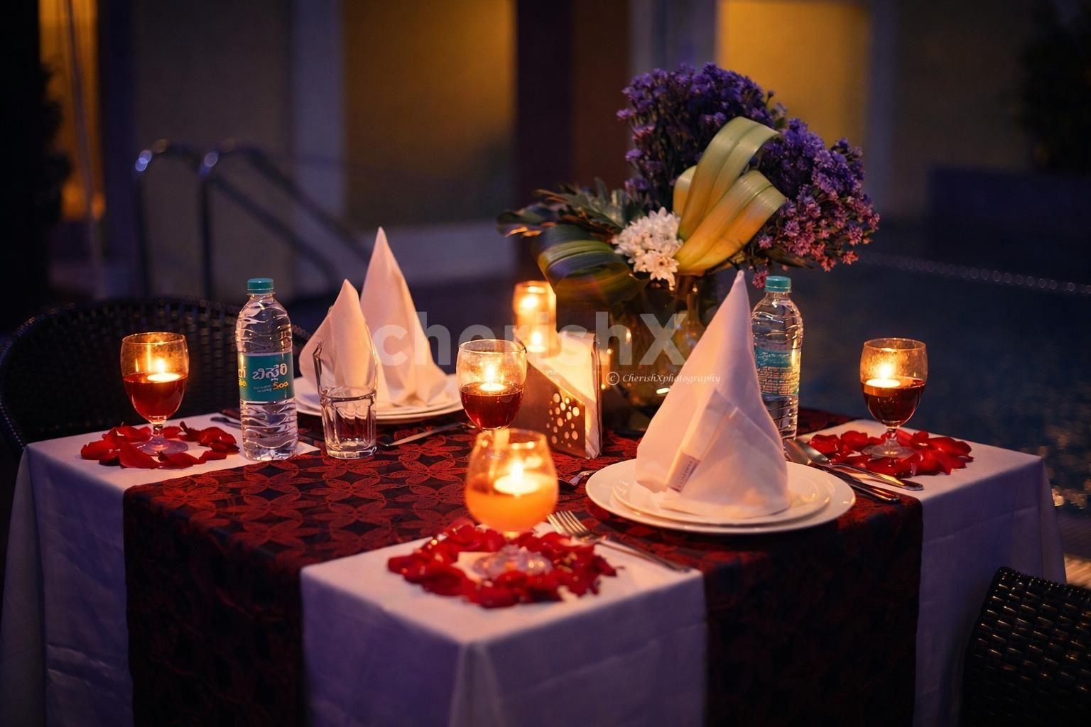 Decorated table with rooftop and poolside setting in Bangalore