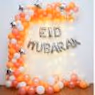 Eid Mubarak Foil Balloon On A Net Draped Wall, Shimmer Brightly With Its Silver Tone