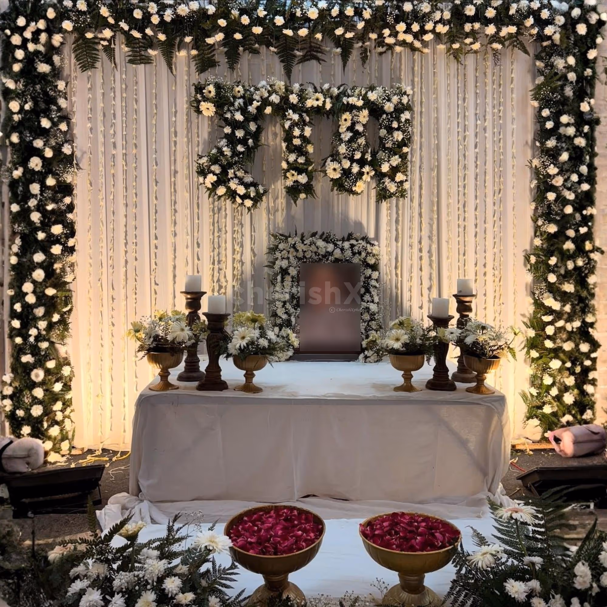 Photo Frame Decorated With Flowers For A Peaceful Tribute Setup