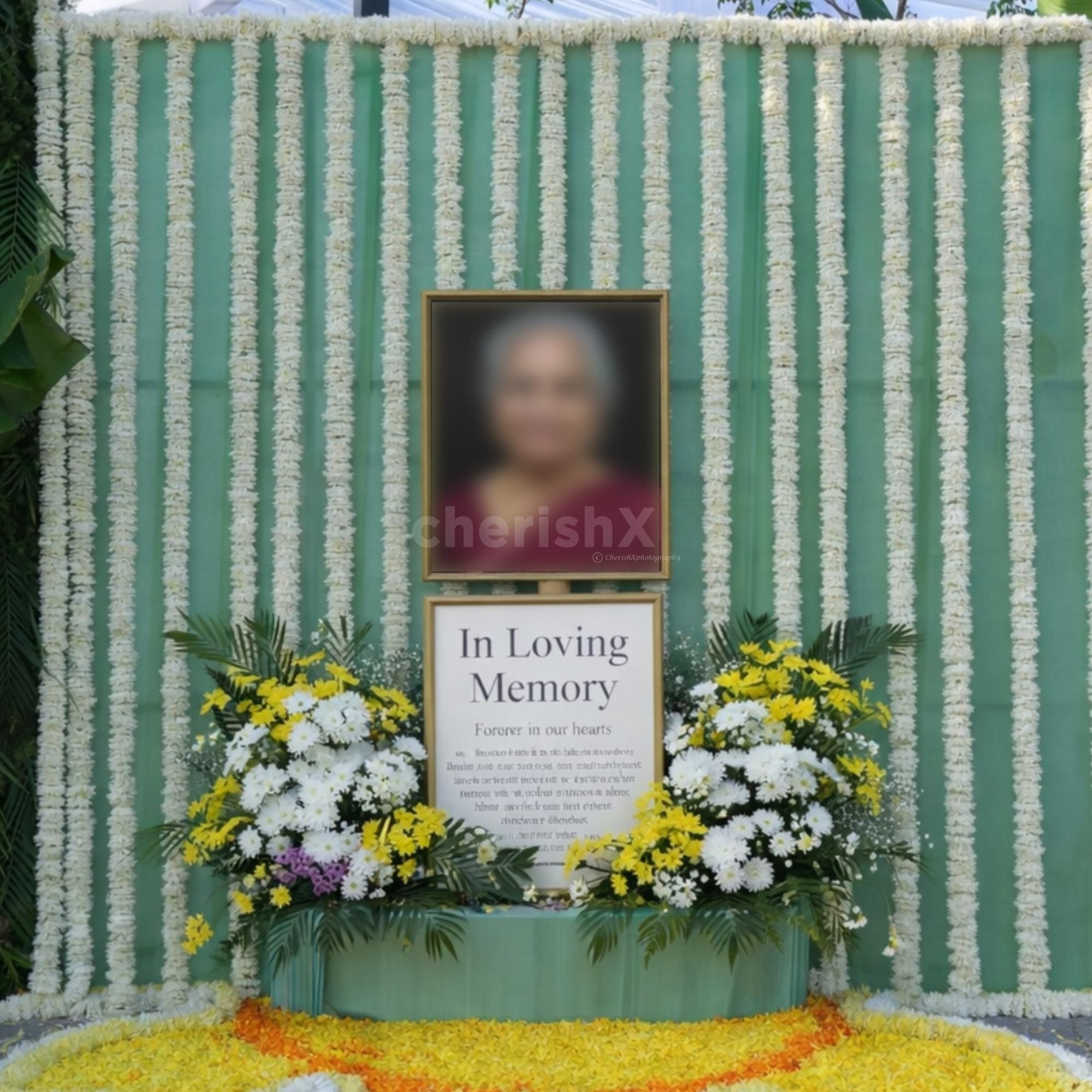Center Photo Frame Placed With An Elegant Tribute And A Message Board For A Remembrance Ceremony.
