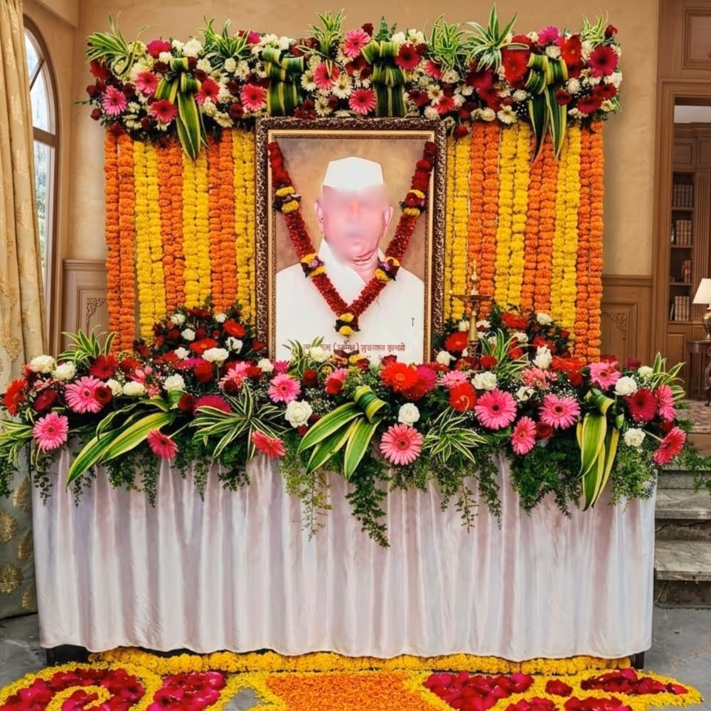 Fresh Flower Backdrop With Photo Setup For Shanti Smaran Ceremony