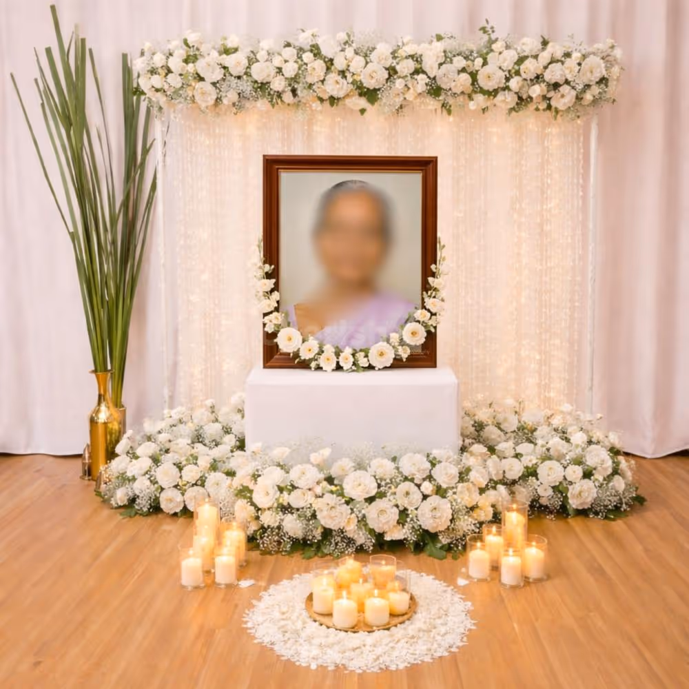 Elegant Backdrop With White Flowers Create A Calm And Sacred Farewell Setup