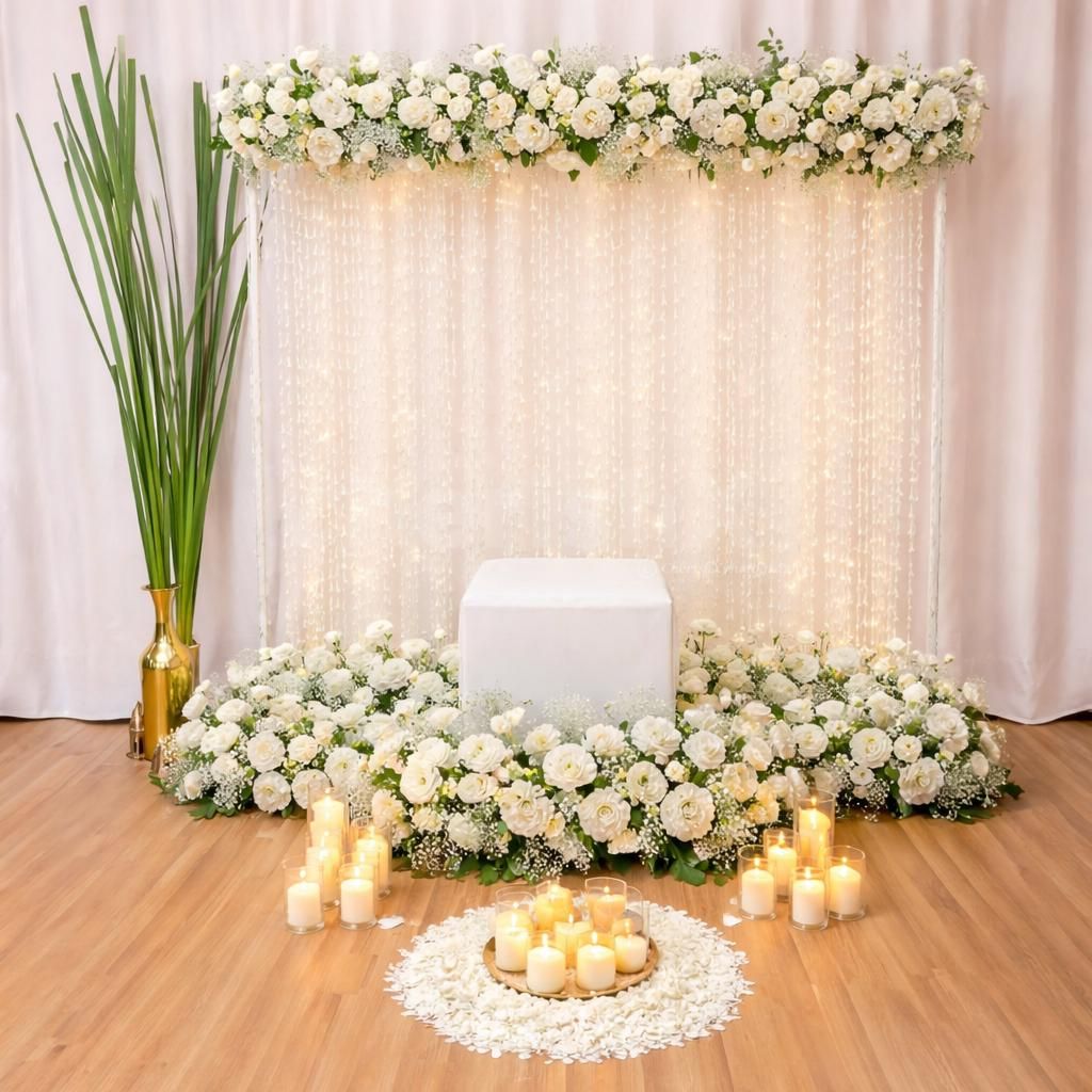 Pot With Long Green Grass And White Loose Petals Incorporates The Natural Feel