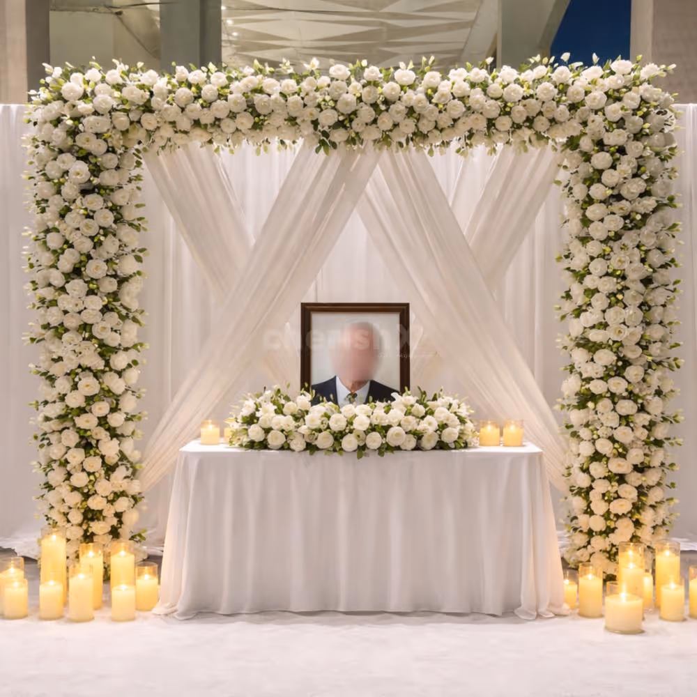 A3 Photo Frame, Placed Against A White-Flower Backdrop With Soft Draping, Creates A Peaceful Remembrance Setup.