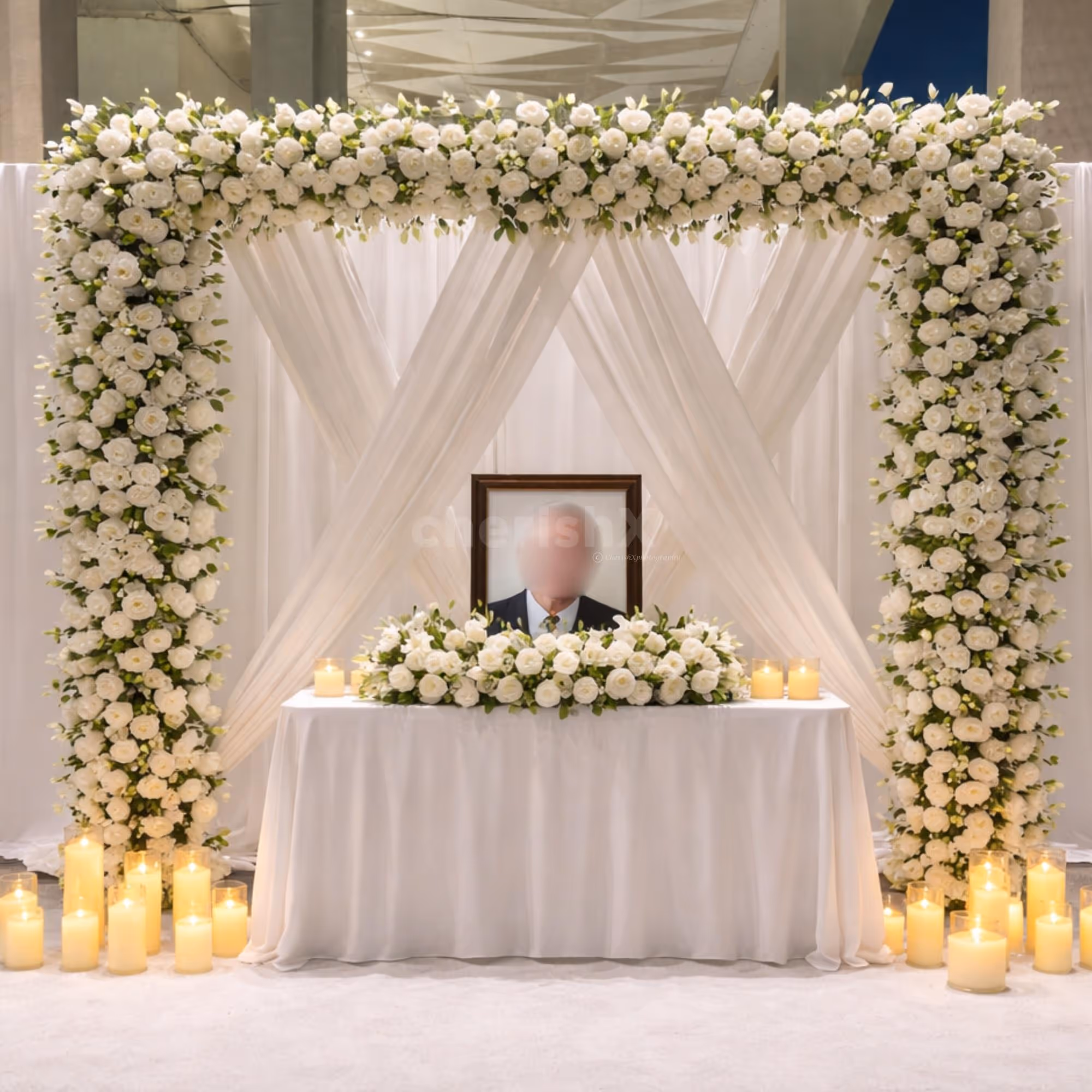 A3 Photo Frame, Placed Against A White-Flower Backdrop With Soft Draping, Creates A Peaceful Remembrance Setup.