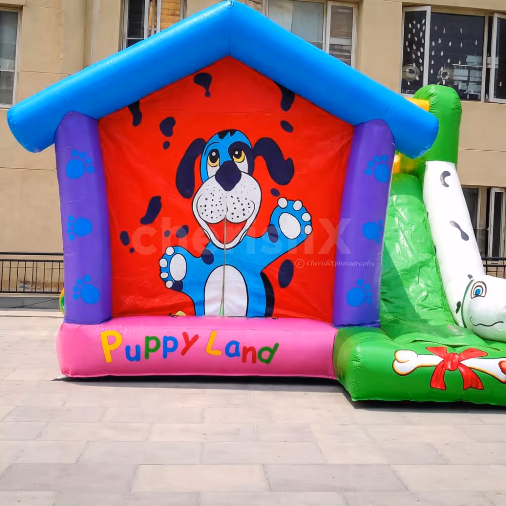 Colorful puppy-themed bouncy house setup for a kids' birthday party celebration