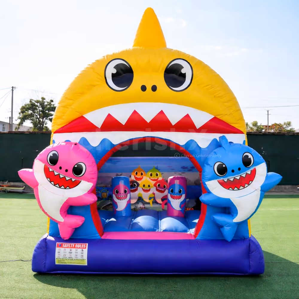 Colorful Baby Shark inflatable design with a playful cartoon theme for a kid's birthday party.