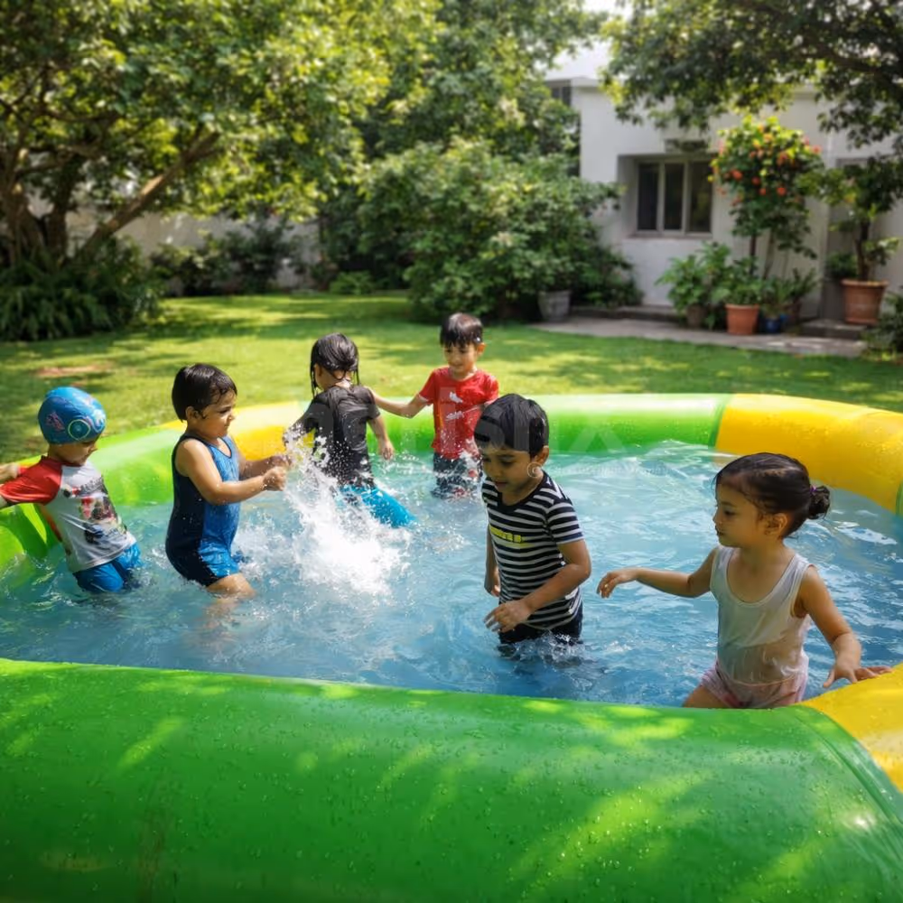 Let kids enjoy nonstop for 4 hours in this 15 x 15'inflatable water pool. For kids below 8 years, this pool is the perfect play area to beat the heat, delivering a big thrill. Without taking up much space, this pool can be placed in the backyard, on an apartment Terrace, at gatherings, or at kids' events to help them create memories with their friends in the afternoon. The Inflatable pool has an anti-slip base, thick walls, bright colors, and inflates quickly with the blower, so the fun begins instantly. An expert coordinator accompanies the setup to maximize the kids' safety. However, the water is not part of the inclusions.