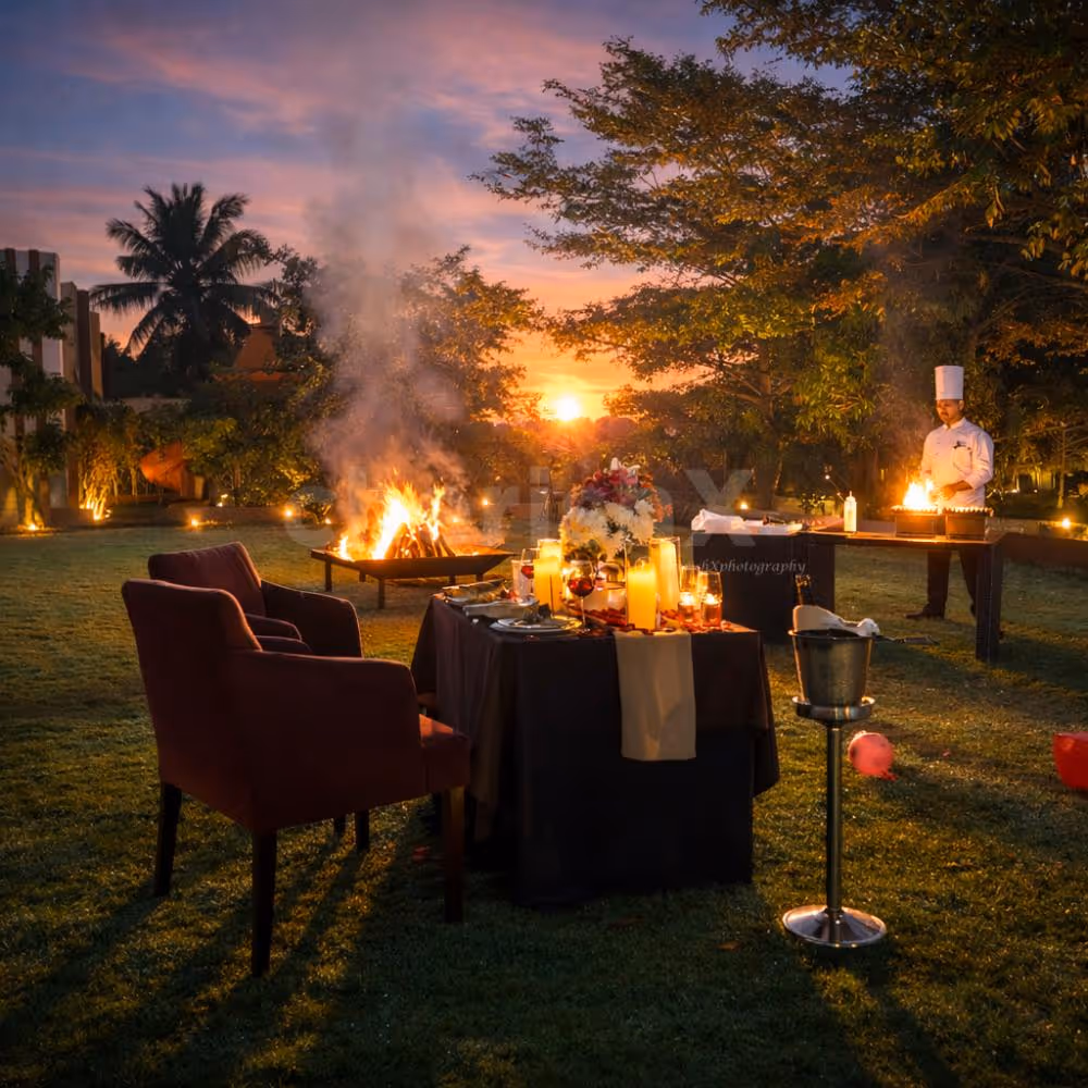 A Beautifully Set Dinner Table With A Barbecue Setup Has Premium Decoration With Rose Petals.