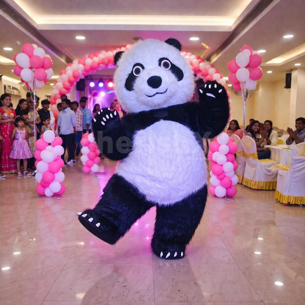 The Big Eyes, Round Head, And Roly-Poly Body Of The Panda Mascot Grab Attention And Feels Adorable .