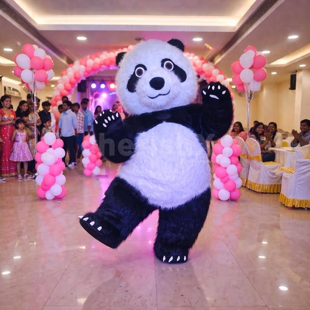 The Big Eyes, Round Head, And Roly-Poly Body Of The Panda Mascot Grab Attention And Feels Adorable .