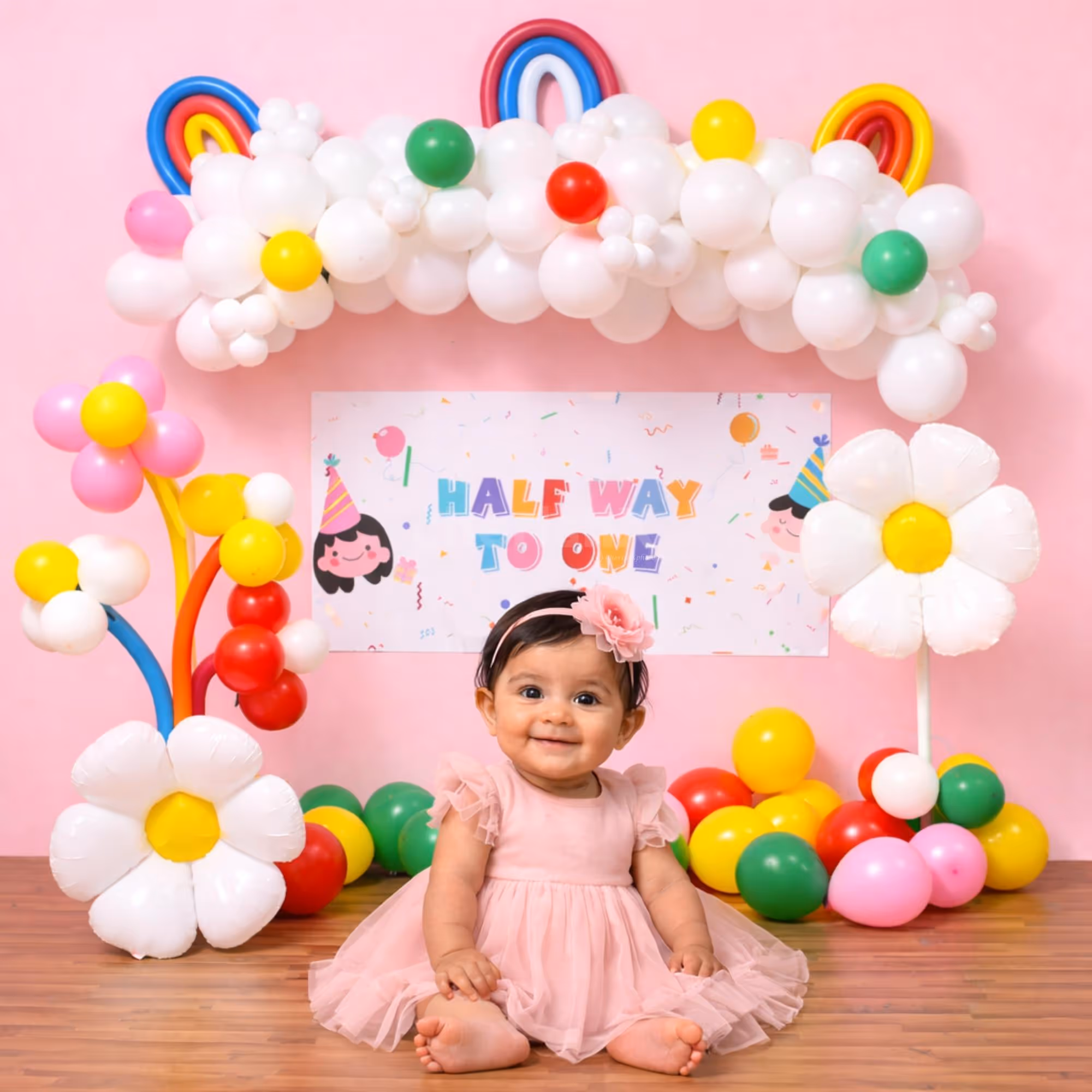 Carnival-Themed Balloon Arch Created With 100 White And Multicoloured Balloons.