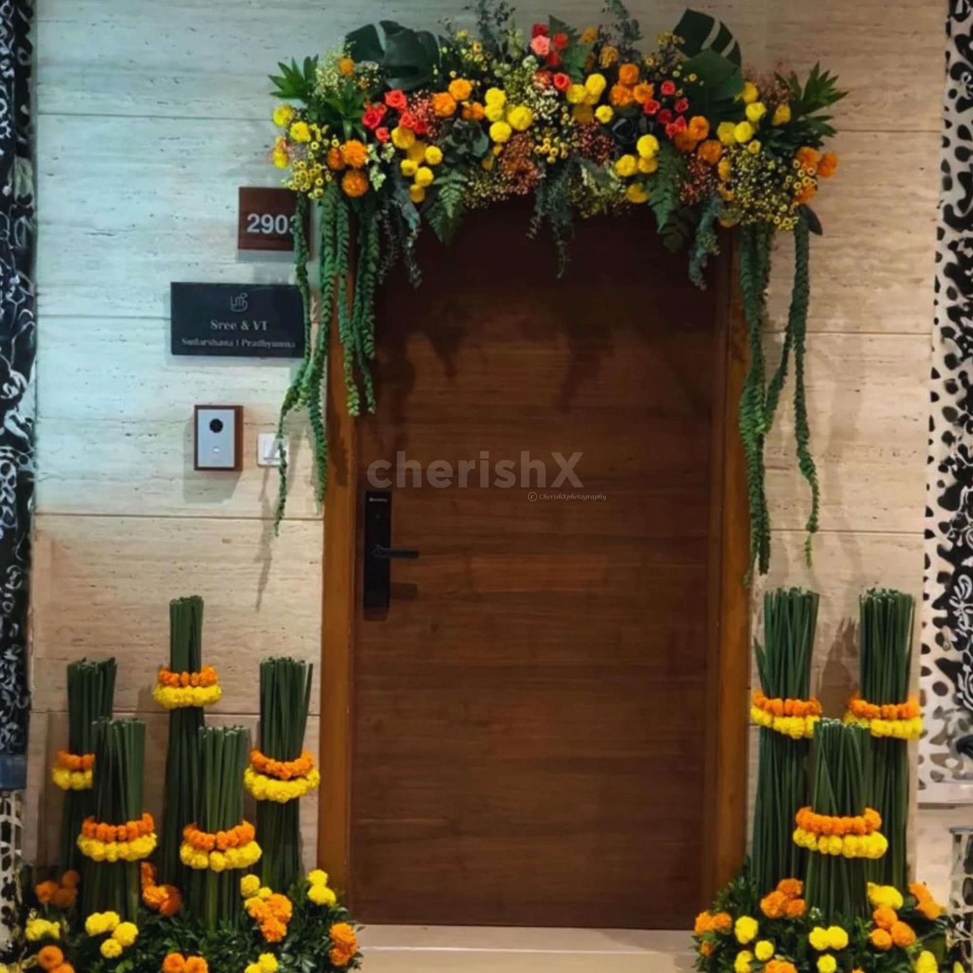 Different Props For The Griha Pravesh Ritual Elevate The Traditional Housewarming Decor.
