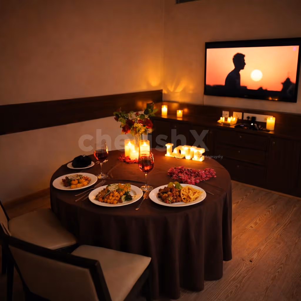 private romantic dinner with movie night in gurgaon