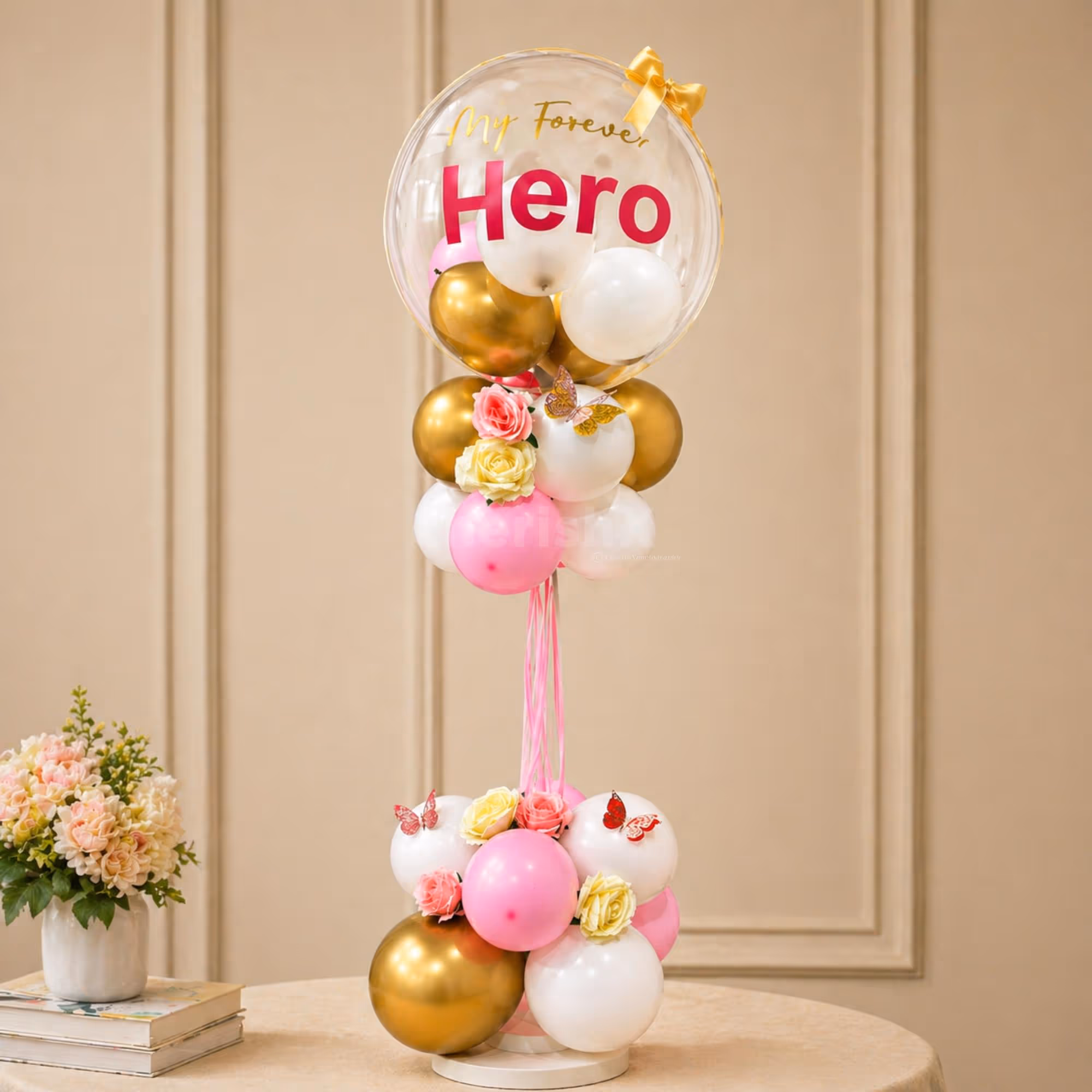 A Balloon Bouquet Crafted With Striking Tones Of Balloons Like Pink, White And Golden