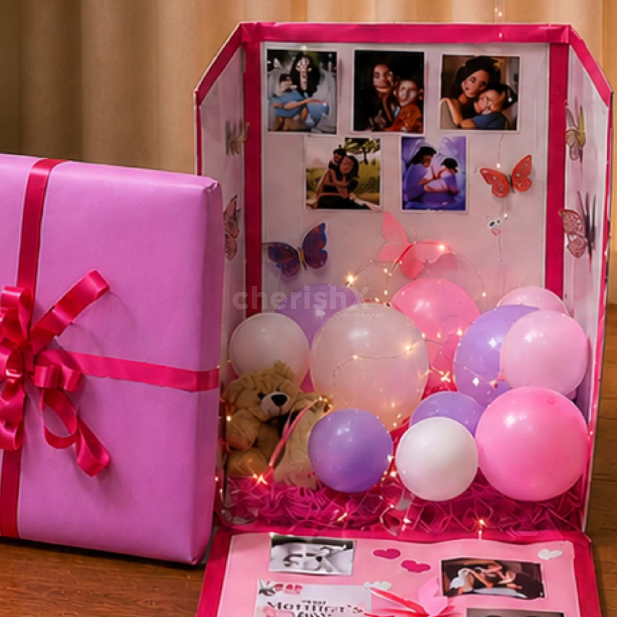 Mixed Bag Of Pink Grass, Lights, 10 Balloons, Butterflies And Pink Ribbon In The Box