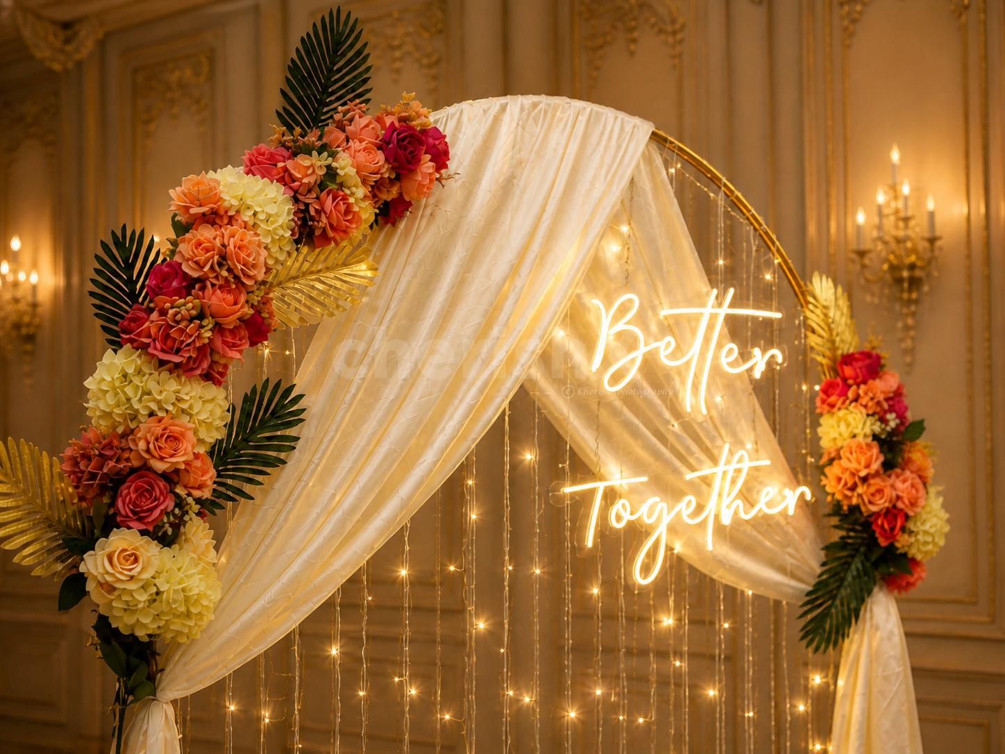 The pixel lights and flower bunches add vibrancy to the event.