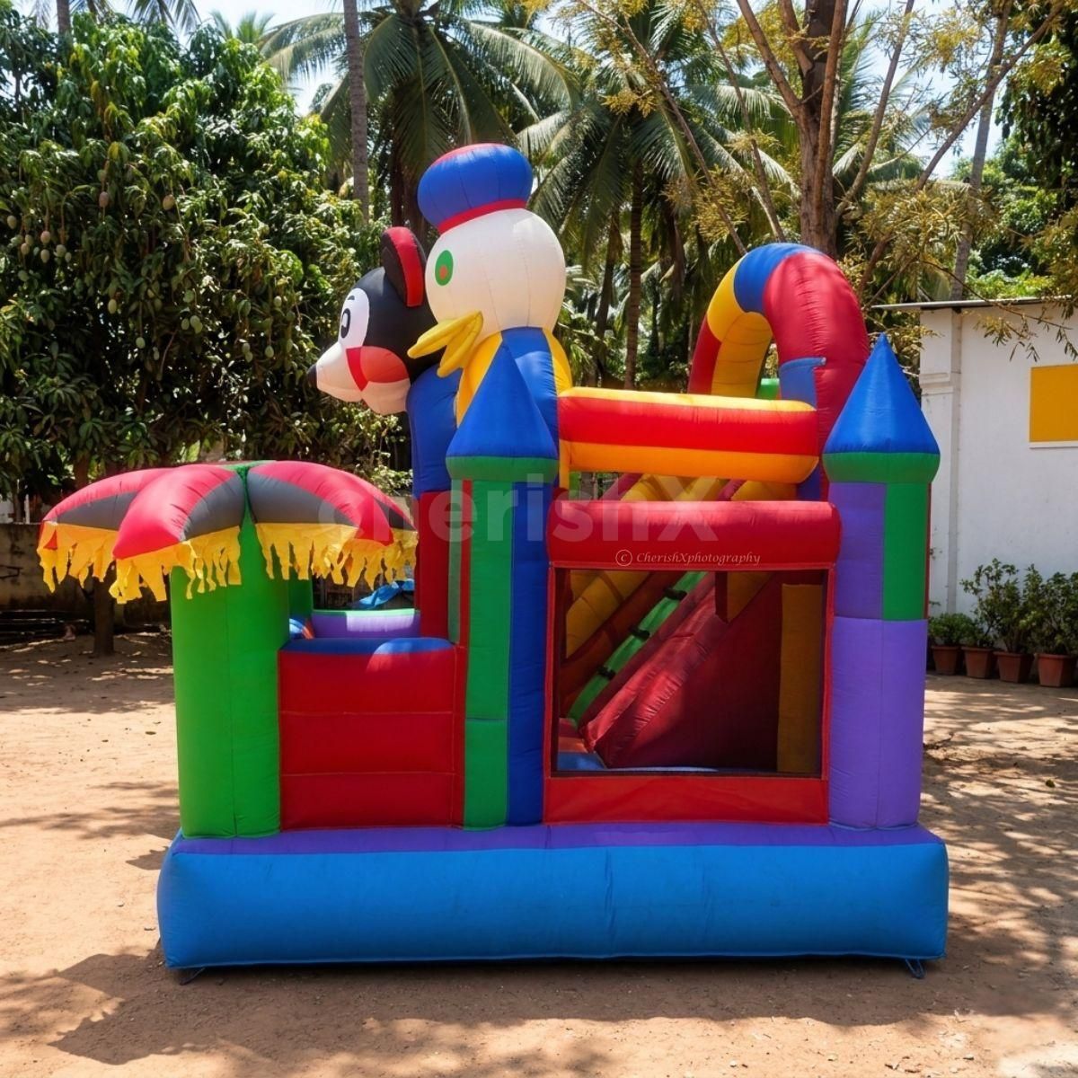 Turn A Kid's Birthday Party Into A Mini Disneyland With A Mickey & Donald-Themed Bouncy Setup.