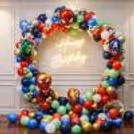The Sturdy Ring Stand For B’day Decor Is Covered With Latex And Foil Avenger Face Balloons.