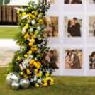 Decorative mirror balls enhance the backdrop with sparkle and dimension.