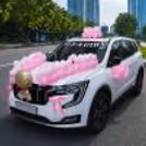 Pastel Pink And White Balloons Add Softness To The Baby Welcome Decoration On The Car.
