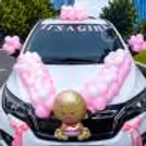 Soft Pink Front And Back Bows And Paper Tassels Bring Charm To Welcome Baby Car Decor.