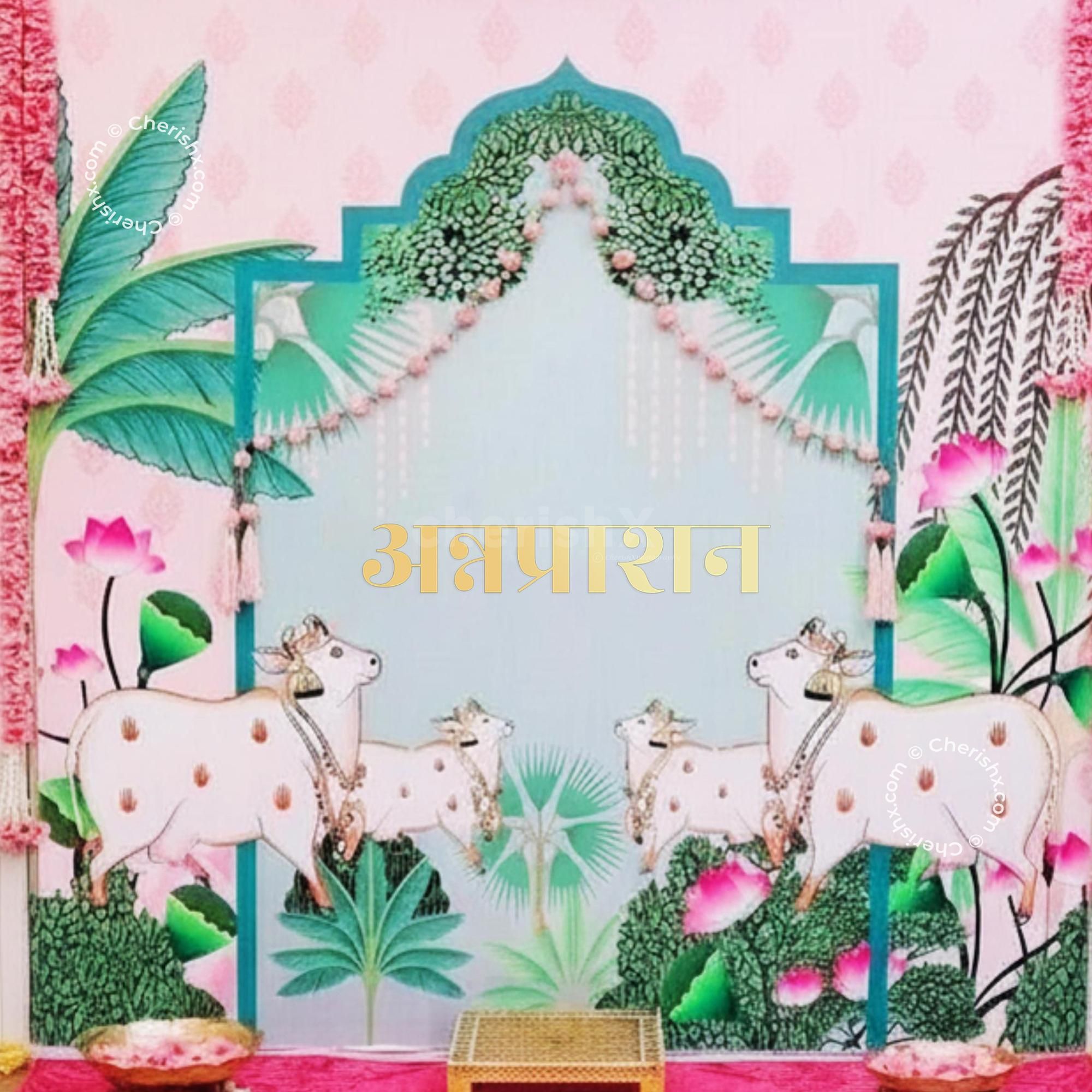 Pastel-Themed Annaprasan Backdrop With Cute Cow Flex Banner Design