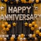 Silver Happy Anniversary foil balloons are the main feature of the setup.