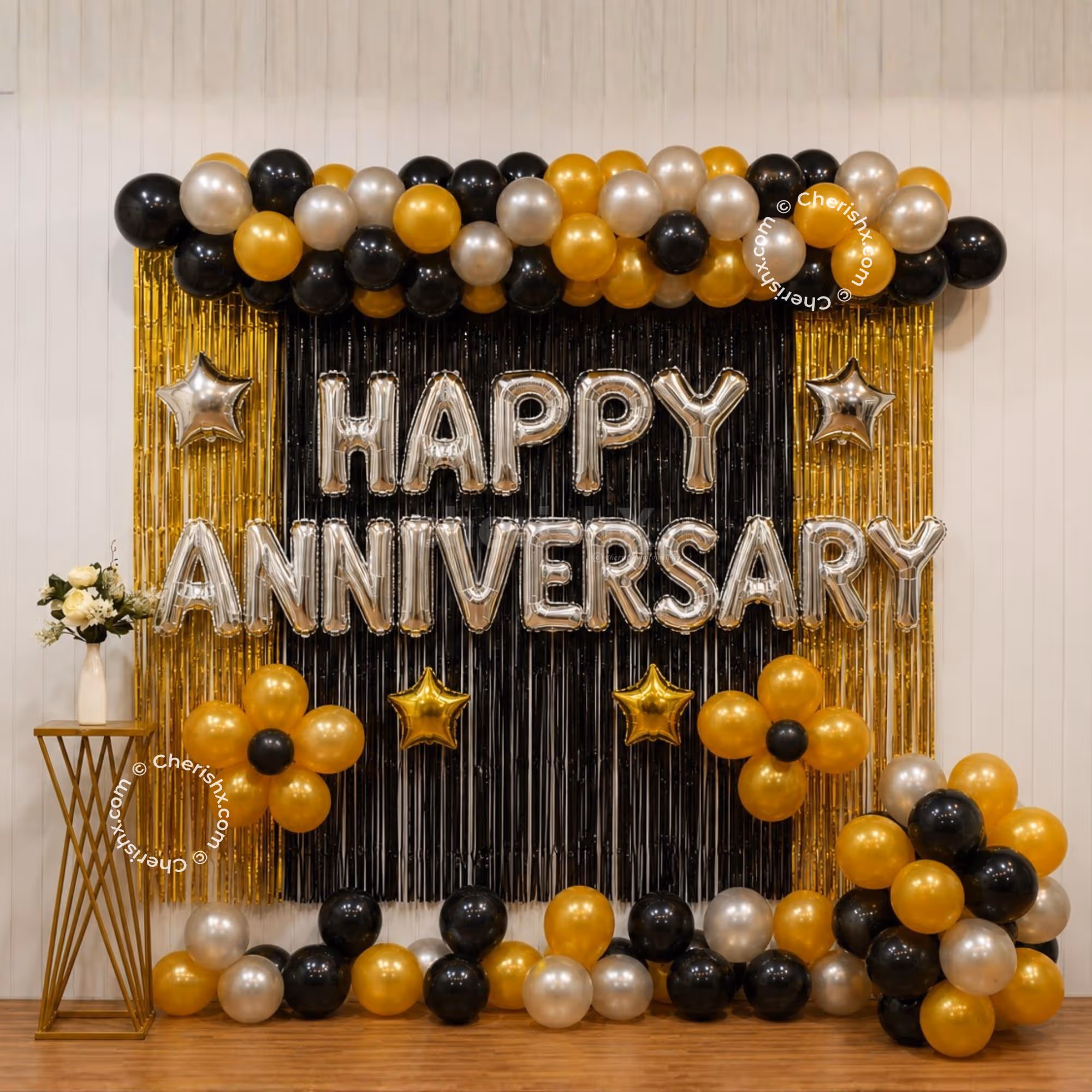Glitzy Silver & Black Anniversary Decor