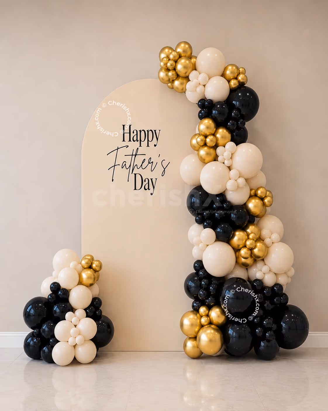 Arch Father’s Day Background With Metallic And Beige Decorative Elements.