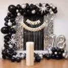 Black and Silver Anniversary Decor Balloon Arch Reflective Backdrop Happy Anniversary Banner.