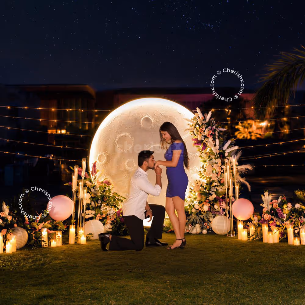 The background of flowers and a moon sets the scene of a romantic proposal dream.