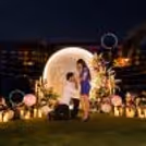 The background of flowers and a moon sets the scene of a romantic proposal dream.