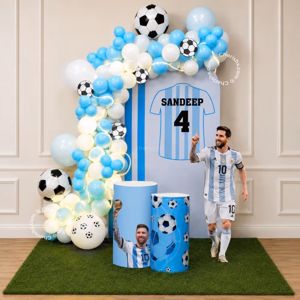 Combination of balloons, cutouts and neon light in this football decor
