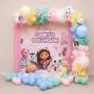 Pastel Balloon Arch Birthday Decorations With Cartoon Character Background For Gabby's Dollhouse.