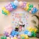 Hello Kitty Personalized Birthday Banner With Pastel Balloon Garland And Personalized Name Display.