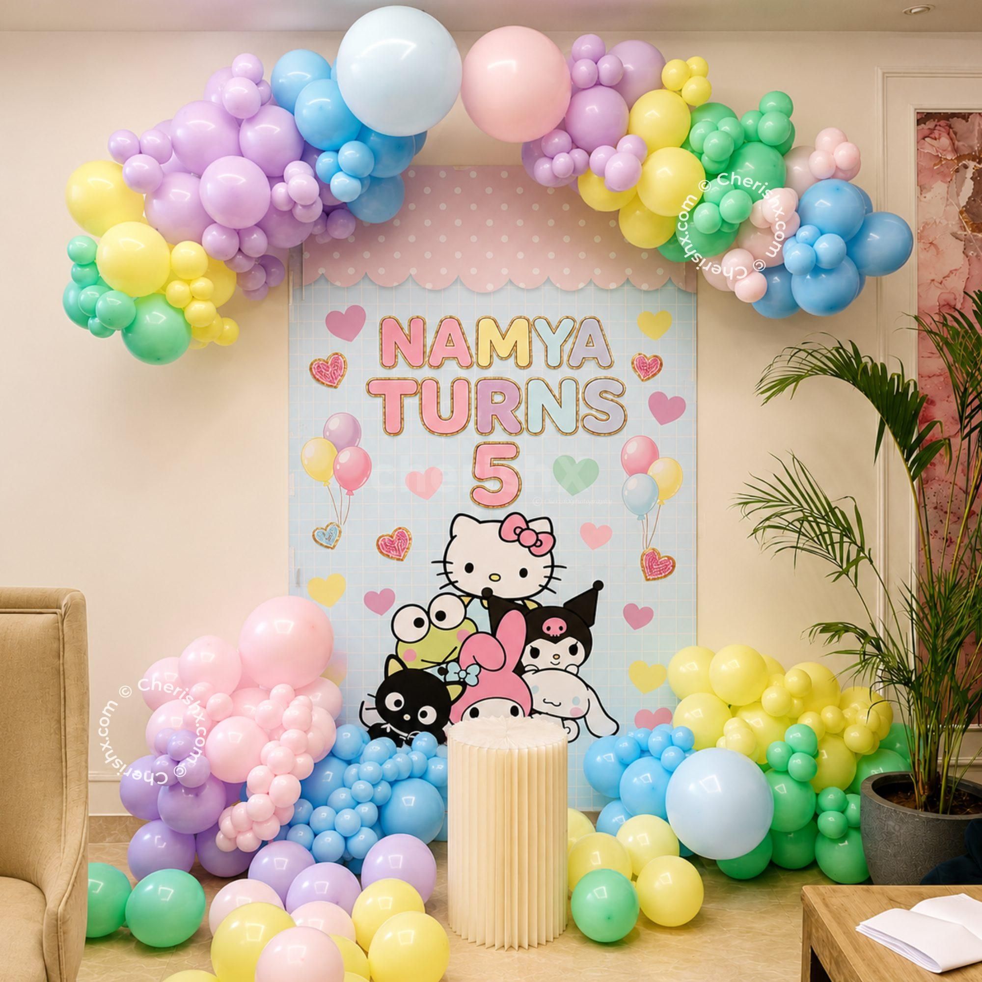 Balloon Party Area With Floor Balloons, Custom Event Display And Decorated Balloon Bunches.