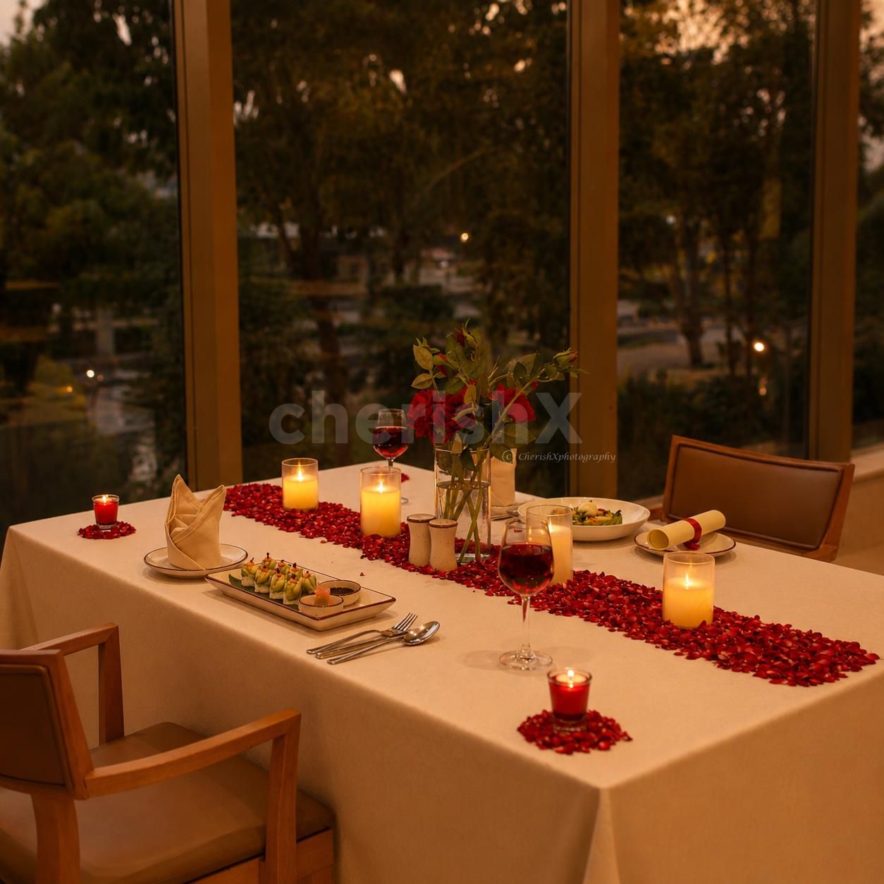 Intimate dining setup for couples featuring candlelit ambiance and elegant table styling