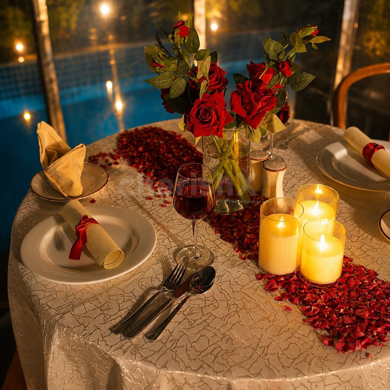 Beautifully decorated couple dining table with rose petals and warm candlelight.
