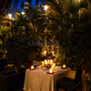 A dreamy candlelight dinner setup surrounded by lush greenery and warm fairy lights, creating the perfect romantic escape.