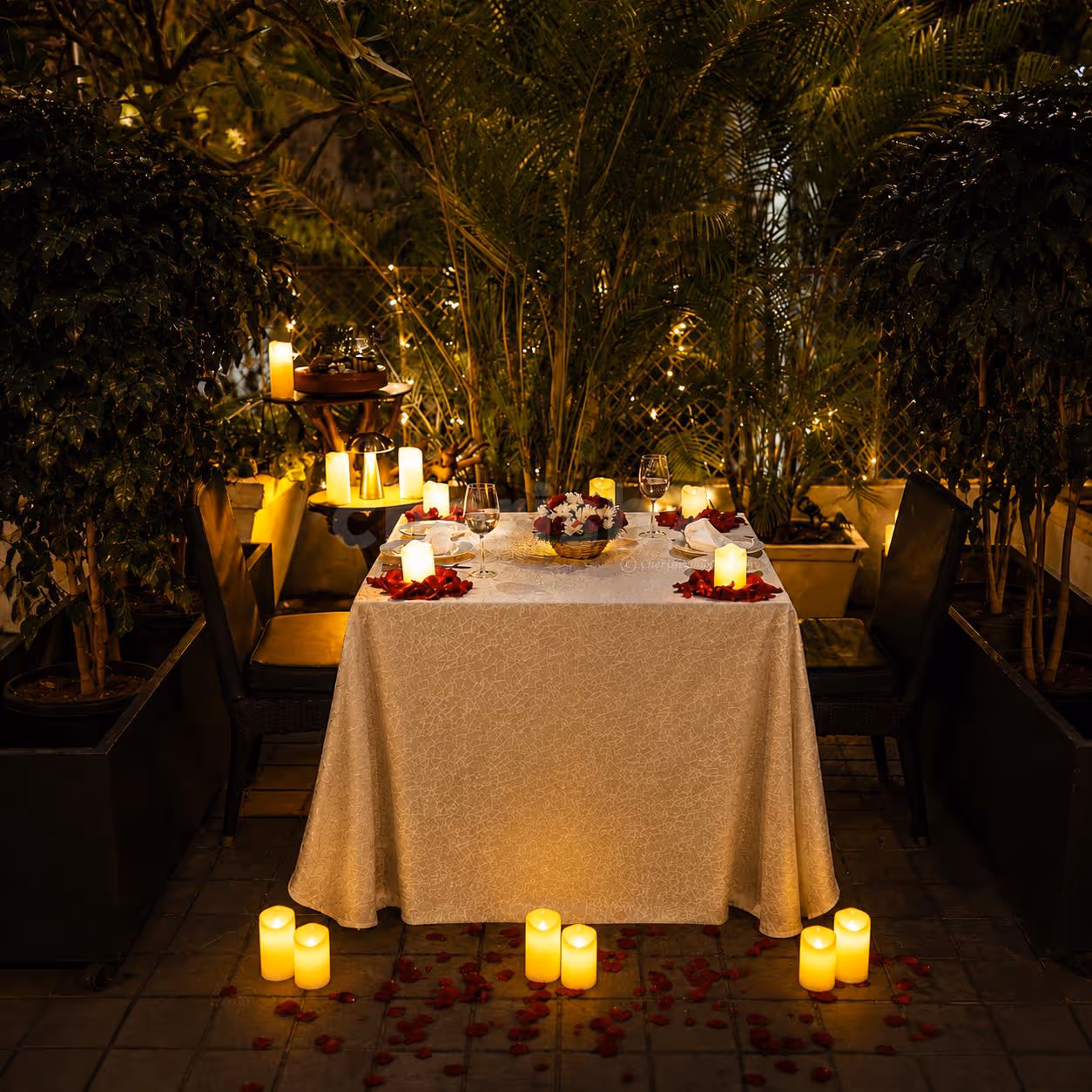Elegant outdoor dining arranged with candles, floral accents, and ambient lighting for a memorable date night celebration.