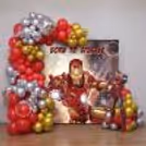 Iron Man Birthday Backdrop With Red, Gold And Silver Balloons.